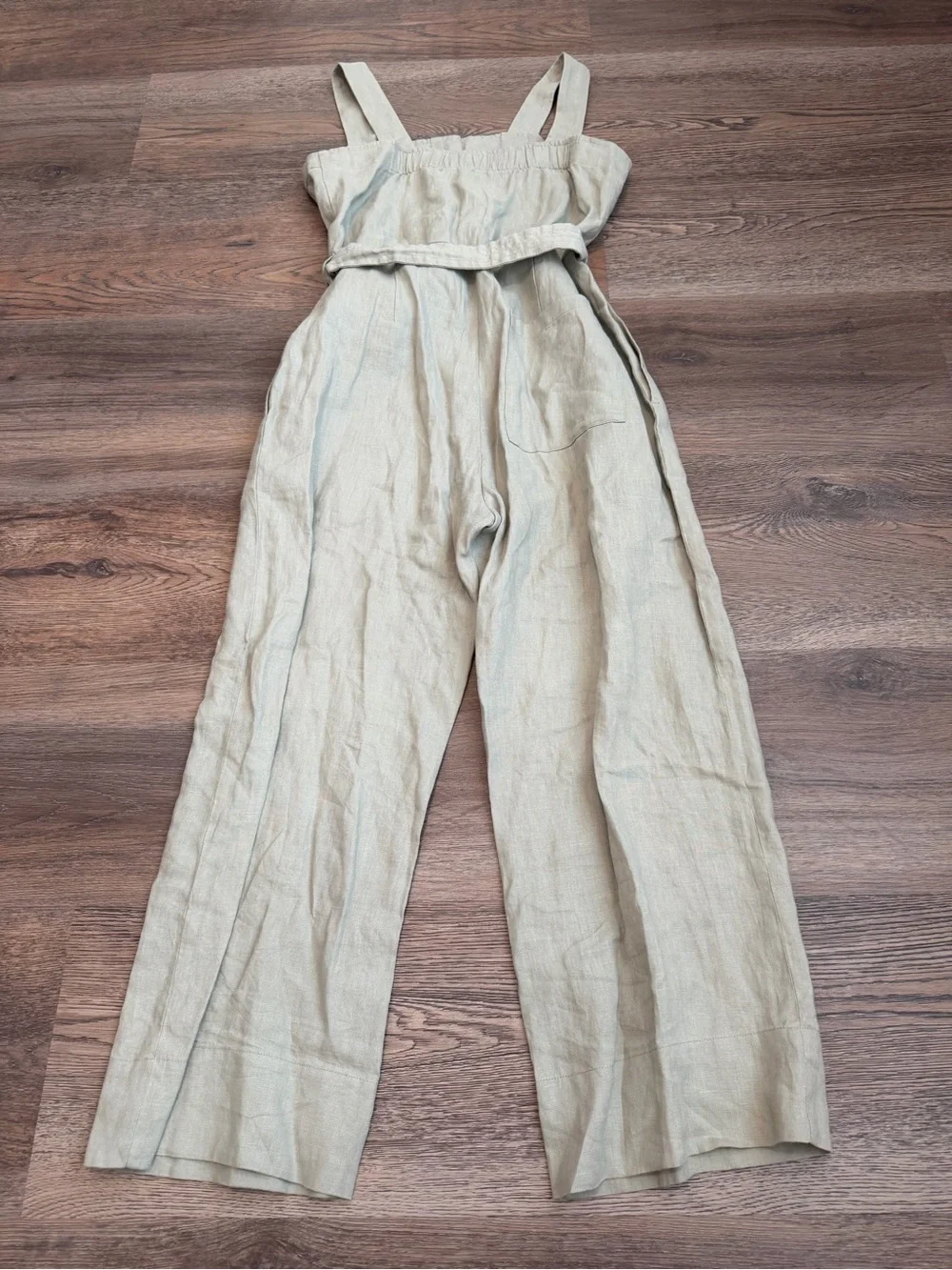 Everlane The Linen Picnic Jumpsuit Seagrass Sage Green Tie Waist Casual Size 2
